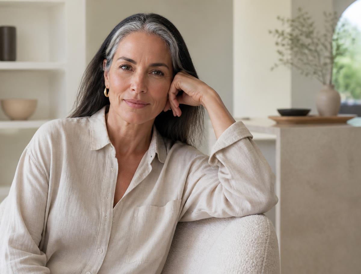 Woman in her fifties with silver-streaked hair sitting in soft daylight