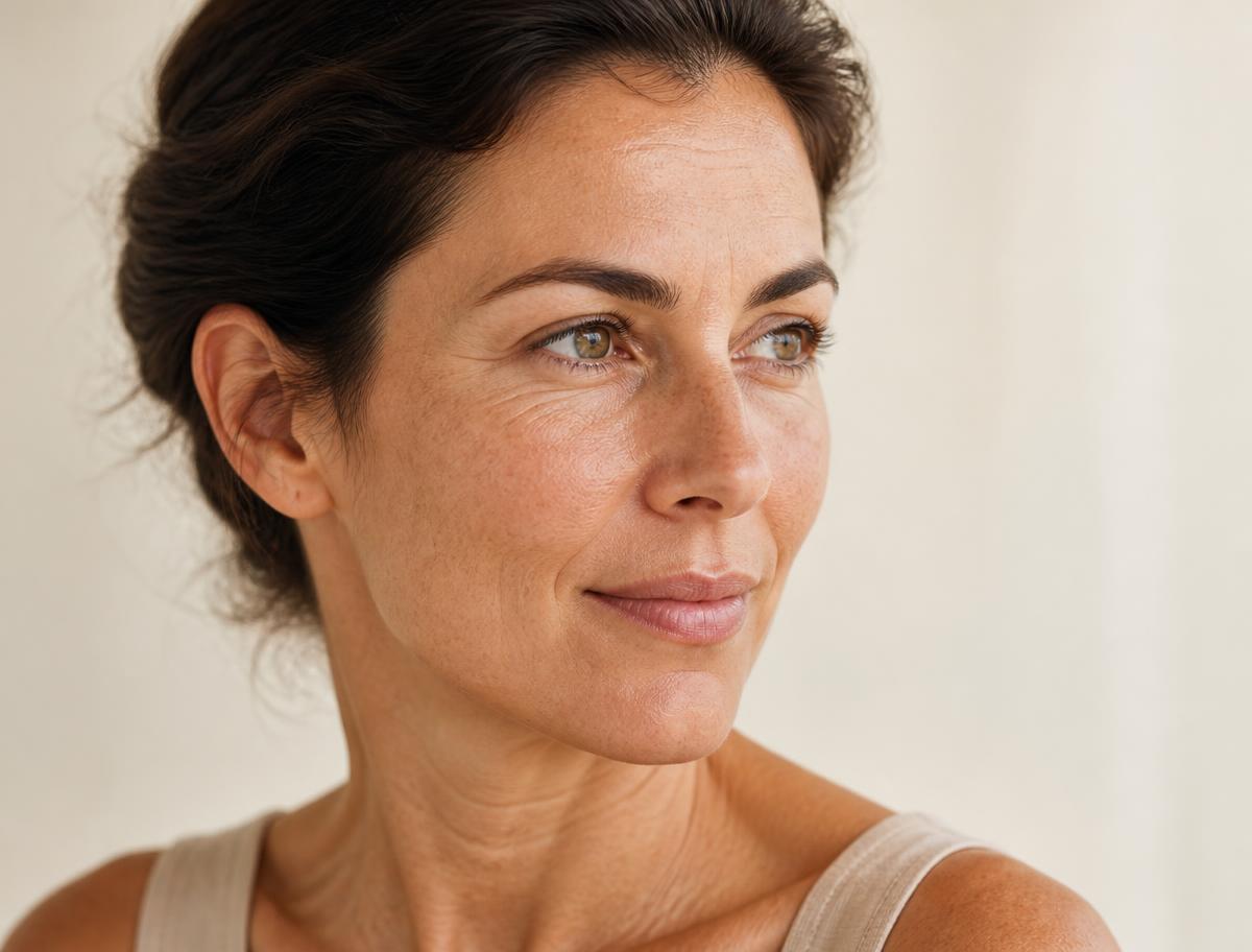 Close portrait of a woman in her forties with natural, textured skin