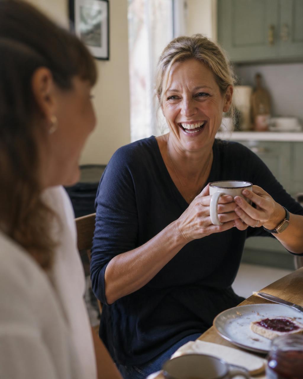 Two friends laughing over breakfast in a bright kitchen