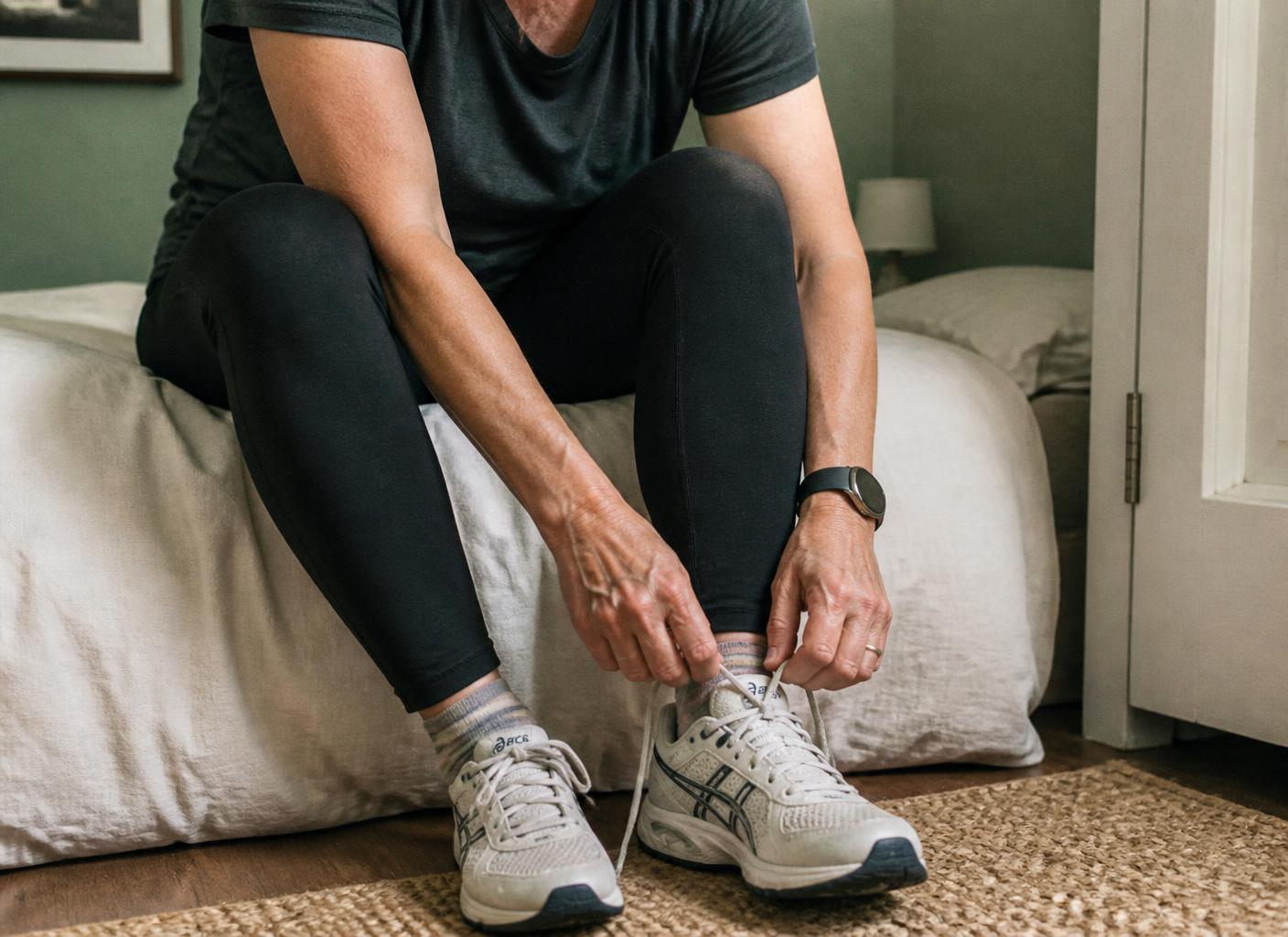 Woman lacing her trainers on the edge of a bed in morning light